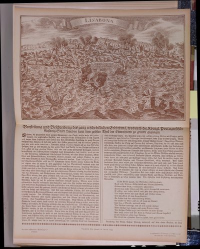 Az 1755-ös nagy földrengés Lisszabonban, egy eredeti metszet és szöveg faxmásolata, 1755 alkotó: German School