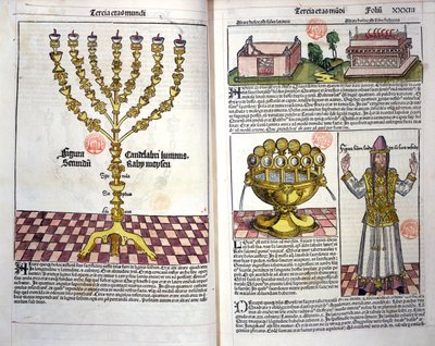 A Menóra és egy héber pap, Hartmann Schedel (1440-1514) Nürnbergi Krónikájából, 1493 (színes fametszet) alkotó: German School