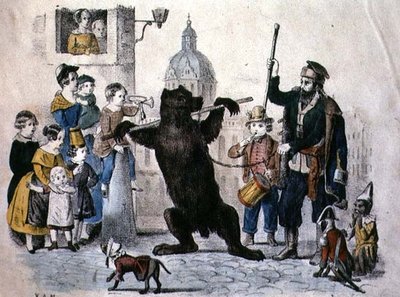 The Performing Bear, 1860 körül (színes metszet) alkotó: German School