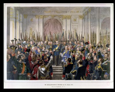 Wilhelm kikiáltása az új Német Birodalom császárává a versailles-i Tükörcsarnokban 1871. január 18-án (színes metszet) alkotó: German School