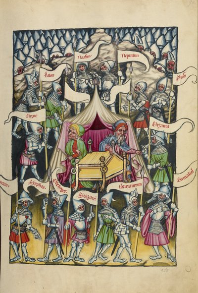 Izrael tizenkét törzse a Weltchronik Ms 33 fol.94-ből, 1400-1410 körül (tempera, arany és ezüst festék, tinta pergamenre) alkotó: German School