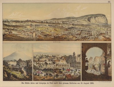 Arica és Arequipa városai Peruban az 1868. augusztus 13-i nagy földrengés után (színes litho) alkotó: German School