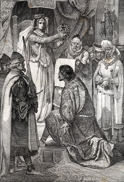 A pomerániai Erik XIII. koronázása Svédország, Dánia és Norvégia skandináv királyságának királyává I. dán Margit által. alkotó: German School