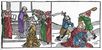 Szent Fabien vértanúhalála (3. század), a pápát megkínozták, majd lefejezték, Dece császár uralkodása alatt. A voraginai Jacobus (Jakab) (1228-1298) vésése „Leben der Heiligen - sommerteil” (A szent könyve) című könyvéből. Lübeck 1488. alkotó: German School