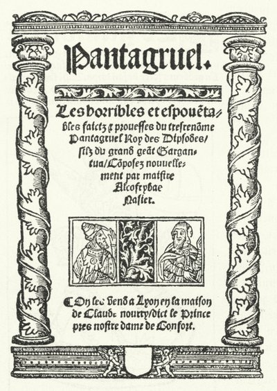 A címlap a Pantagruel legrégebbi ismert kiadásából, Francois Rabelais regényéből (metszet) alkotó: German School