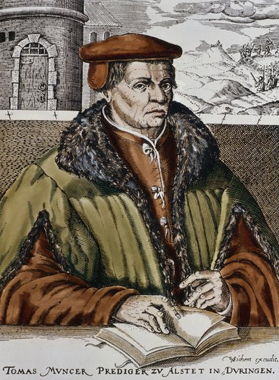 Thomas Muntzer, 1600 körül (kézzel színezett fametszet) alkotó: German School