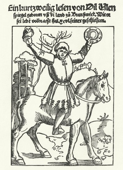 Till Eulenspiegel bagollyal és tükörrel ábrázolva (metszet) alkotó: German School