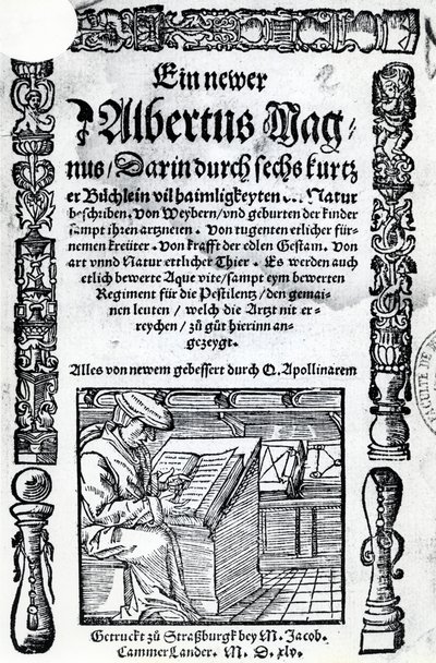 Címlap egy új Albertus Magnushoz: hat rövid könyv, amelyek a természet számos titkát leírják, 1514-ben (fametszet és magasnyomás) alkotó: German School