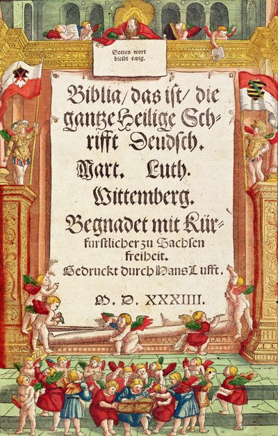 Címlap a Luther Bibliából, 1530 körül (színes fametszet) alkotó: German School