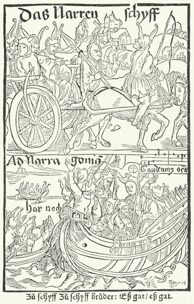 Címlap Sebastian Brant Bolondok Hajójának első kiadásából, Johann Bergmann von Olpe nyomta Bázelben 1491-ben (metszet) alkotó: German School
