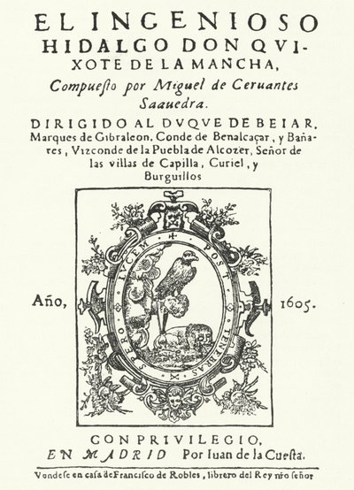 Címlap a Don Quijote című regény első kiadásából, Miguel de Cervantes (metszet) alkotó: German School