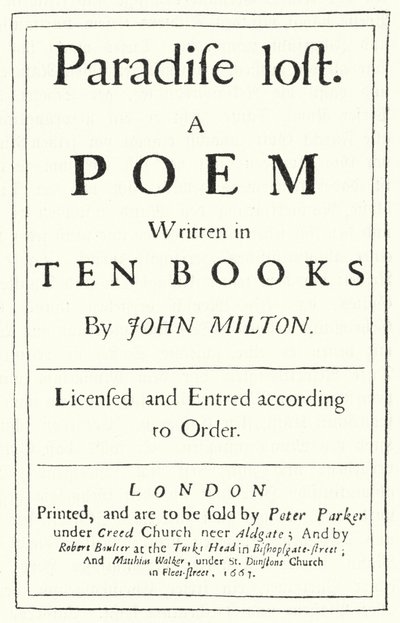 Címlap az angol költő, John Milton Lost Paradise című könyvének 1667-ben megjelent eredeti kiadásából (metszet) alkotó: German School