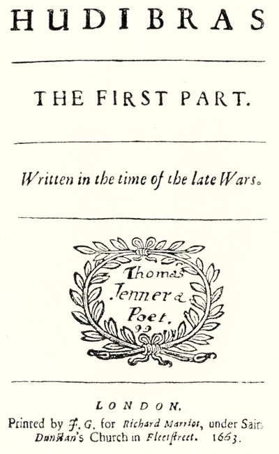 Címlap Samuel Butler angol költő Hudibras című szatirikus költeményéből, amely 1663-ban jelent meg (metszet) alkotó: German School