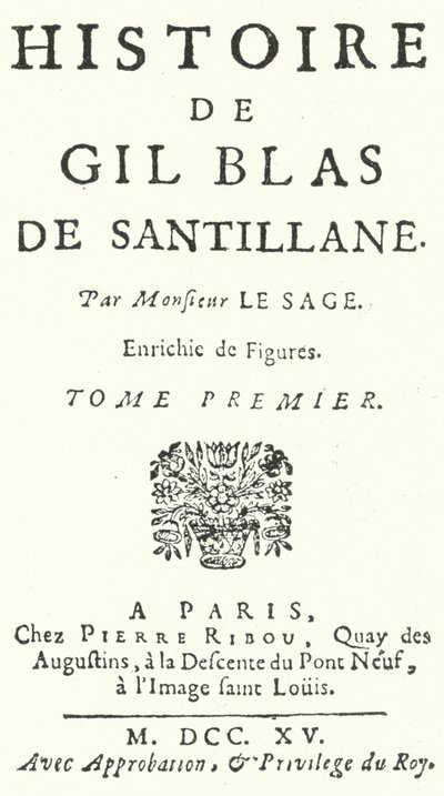 Alain-Rene Lesage francia regény- és drámaíró Gil Blas első kiadásának címlapja, amely 1715-ben jelent meg (metszet) alkotó: German School
