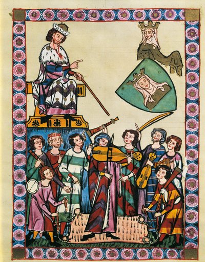Trubadúrok a német császár és udvara előtt, a „Manesse Codex”-ből (vellum) alkotó: German School