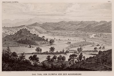 Olimpia völgye, Görögország, régészeti ásatások előtt (metszet) alkotó: German School