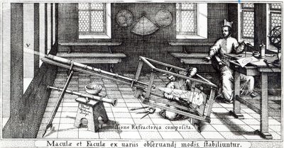 Különféle módszerek a napfoltok megfigyelésére, illusztráció Christoph Scheiner „Rosa Orsina” című művéből, 1630-ban megjelent (metszet) (f/w fotó) (294057. részlet) alkotó: German School