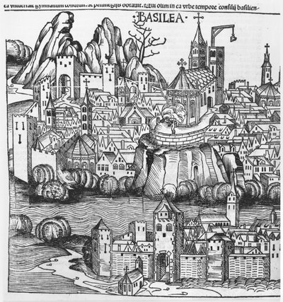 Bázel látképe, Hartmann Schedel (1440-1514) illusztrációja Nürnberg krónikájából 1493 alkotó: German School