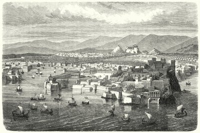 Kilátás az ókori Athénra Pireuszból (metszet) alkotó: German School