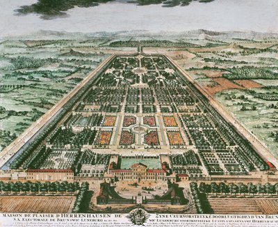 Kilátás a Herrenhausen-kastély kertjére, 1708 körül, színes nyomtatás, Németország alkotó: German School