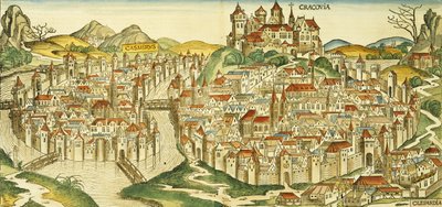 Krakkó városának kilátása (Krakkó), Hartmann Schedel (1440-1514) Nürnbergi Krónikájából 1493 alkotó: German School
