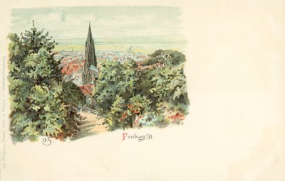 Kilátás Freiburg városára, németországi székesegyházával (chromolitho) alkotó: German School