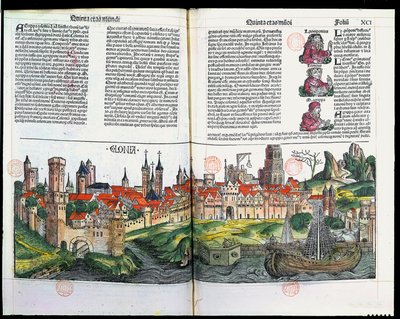 Köln városának kilátása, Hartmann Schedel Nürnbergi Krónikájából, 1493 (színes fametszet) alkotó: German School
