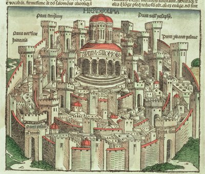Kilátás Jeruzsálem fallal körülvett városára, Salamon templomával és a városkapukkal, Hartmann Schedel (1440-1514) Nürnbergi Krónikájából, 1493 alkotó: German School