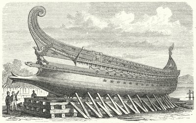 A francia Napóleon által tervezett hadihajó egy ókori római trireme alapján (metszet) alkotó: German School