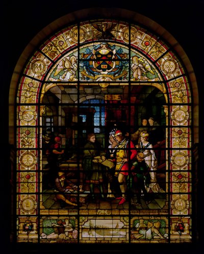 William Caxton 1477-ben mutatja meg első nyomtatott könyvét IV. Edwardnak és feleségének, Elizabeth Woodville-nek, a Mayer and Co., müncheni székhelyű, Londonban működő cég, 1880 körül (ólomüveg ablak) alkotó: German School