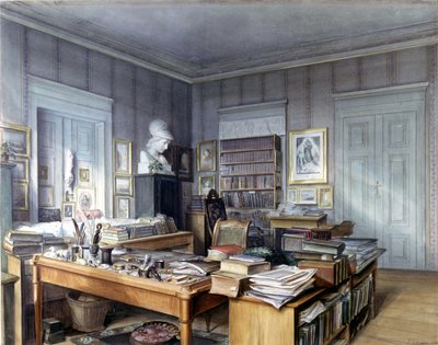 Wilhelm Grimm (1786-1859) dolgozószobája Berlinben, Linkstrasse 7. Hoffmann úr metszete. Nemzeti Múzeum, Nürnberg. 1860. alkotó: German School