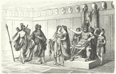 Wotan fogadja a Bragi, a költészet és a dal istene által bemutatott zenészeket (metszet) alkotó: German School