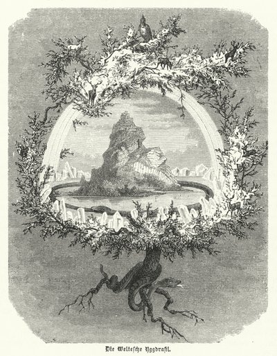 Yggdrasil, a skandináv kozmológia mitikus kőrisfa (metszet) alkotó: German School