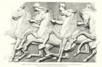 Fiatal athéni lovasok, a Parthenon-fríz egy részének másolata Athénból, az ókori Görögországból (litho) alkotó: German School
