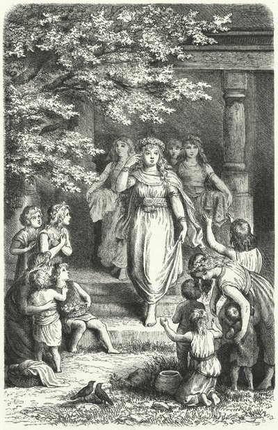 Fiatal német nők koszorúkat viselő Eostre (Ostara) fesztivál ünneplésére (metszet) alkotó: German School