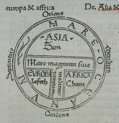 f.177v T-in-O térkép magasnyomásos helynevekkel, Sevillai Izidortól, Liber Etimologiarvm alkotó: German School