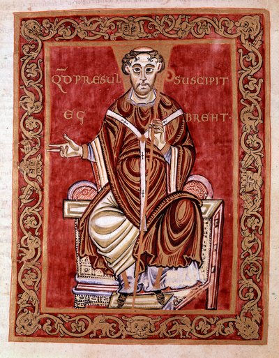 Eveque Egbert de Treves kapja a zsoltárt Rudprecht szerzetes (itt nincs ábrázolva) - A Reichenau iskola Egbert-kódexének (Codex Egberti) miniatúrája, 980 - Cividale del friuli, museo archeologico vagy Cathedrale de Civid alkotó: German School
