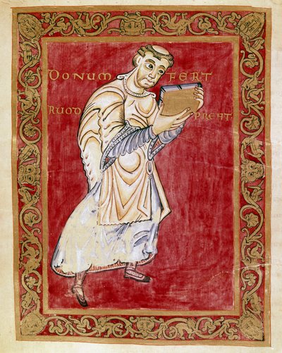 Ruodprecht szerzetes elviszi a kéziratot Egbert de Treves ívéhez (977-993) A Reichenau iskola Egbert-kódexének miniatúrája (Codex Egberti). Cividale del Friuli, Museo Archeologico vagy Cathedrale de Cividale alkotó: German School