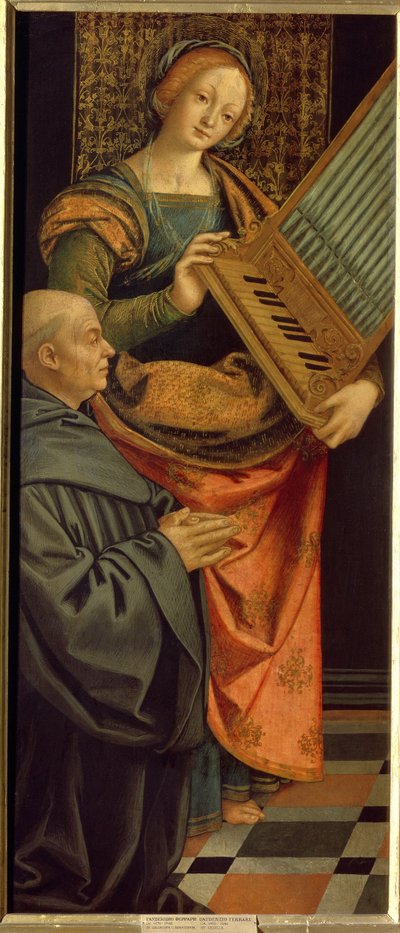 Római Szent Cecília (3. század) (Saint Cecilia). Orgonát hordozó, lábánál imádságban térdelt szerzetessel. Gerolamo Giovenone (1490-1555) festménye, tempera fára, 1530 után. Olasz művészet (Milánó) alkotó: Gerolamo Giovenone