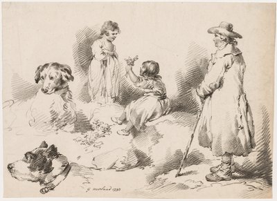 Tanulmányok gyerekekről: Két kislány, két kutya, egy férfi, 1793. alkotó: Gerrard Street J. Harris Soho