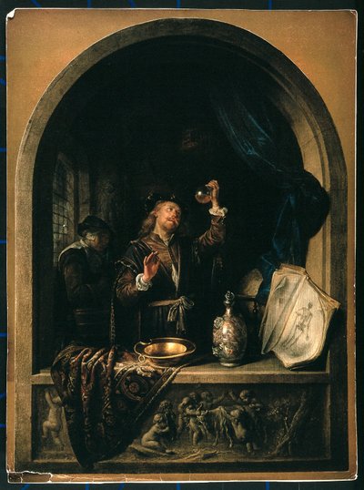 Az orvos egy idős nő vizeletmintáját vizsgálja. alkotó: Gerrit Dou