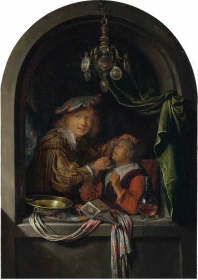 Német: Der Zahnarzt Egy borbély sebész megvizsgál egy lányt. alkotó: Gerrit Dou