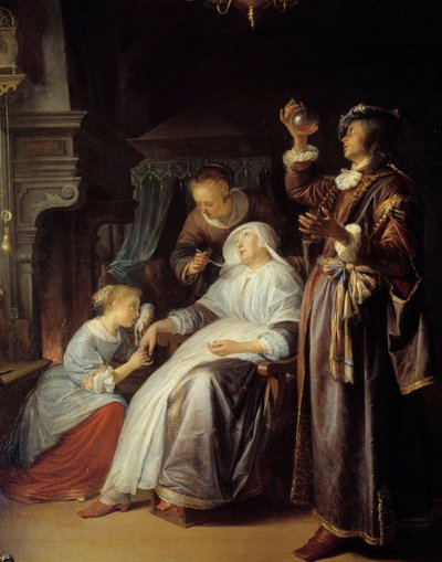 A vízi nő. Az orvos megvizsgálja egy vízkóros nő vizeletét. Részlet. Gerard Dou festménye (1613-1675) alkotó: Gerrit Dou