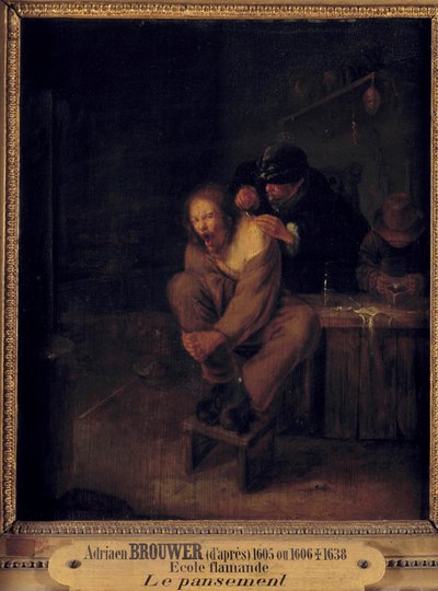 Műtét (vagy öltözködés) A pácienst ápoló sebész. Gerrit Lundens (1622-1683) festménye Adriaen Brouwer (1605/1606-1638) nyomán. 17. század. Homályos. 0,32x0,28 m. alkotó: Gerrit Lundens