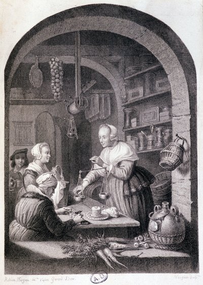 Falusi élelmiszerbolt mérleggel. SD. 18. század alkotó: Gerrit or Gerard (after) Dou