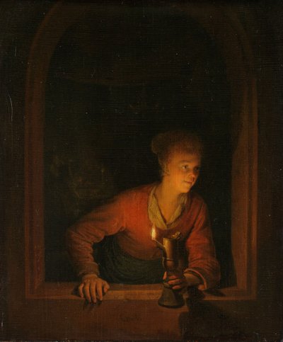 Lány olajlámpás ablakban, 1645-75 alkotó: Gerrit Dou