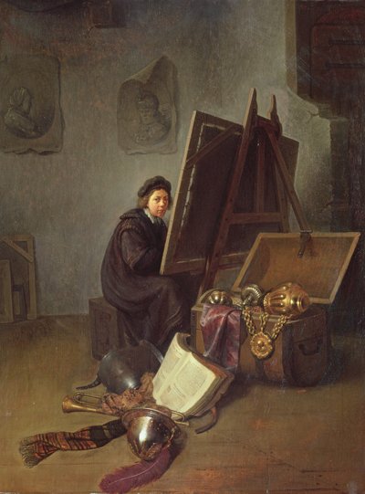 A művész portréja a festőállványon a műtermében alkotó: Gerrit Dou