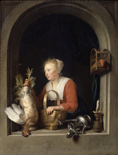 A holland háziasszony vagy A nő, aki kakast akasztott az ablakba, 1650 alkotó: Gerrit Dou