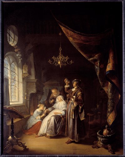 A vízi nő. Az orvos megvizsgálja egy vízkóros nő vizeletét. Gerard Dou festménye (1613-1675) Ec. Hol alkotó: Gerrit Dou