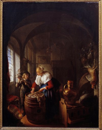 Az egér. Egy gyerek egércsapdát mutat az anyjának. Gerard Dou (1613-1675) festménye, Hol. alkotó: Gerrit Dou